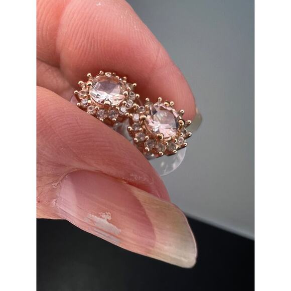 morganite and white topaz halo stud earrings in rose gold over sterling - Picture 3 of 11